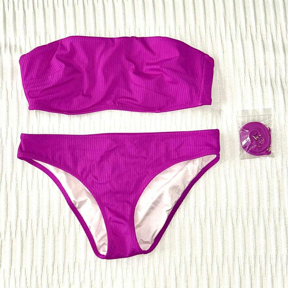 Shade & Shore Magenta Ribbed Bandeau Bikini Set